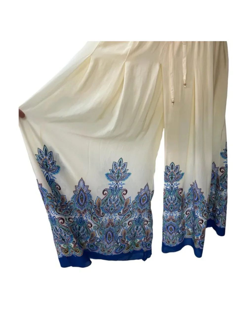 Johnny Was 100% Silk Elastic Waist Pleated Wide Leg Pant Cream Blue Size Medium - Picture 5 of 10